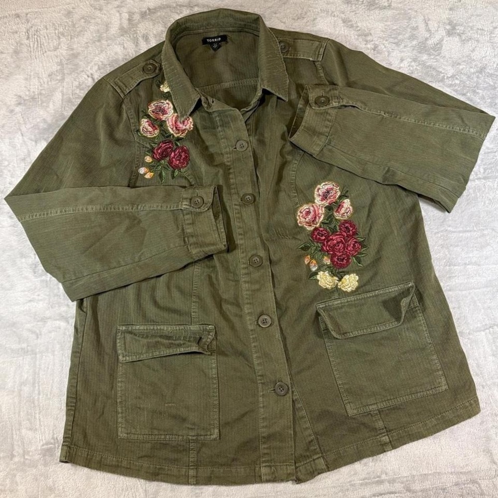 Y2K Vintage Torrid Embroidered 100% Cotton Utility Jacket | Olive Green | Size 1 - Picture 2 of 6